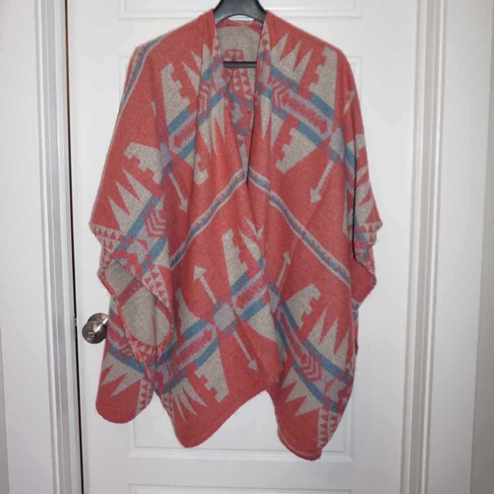 Coral Aztec-Pattern Poncho Shrug